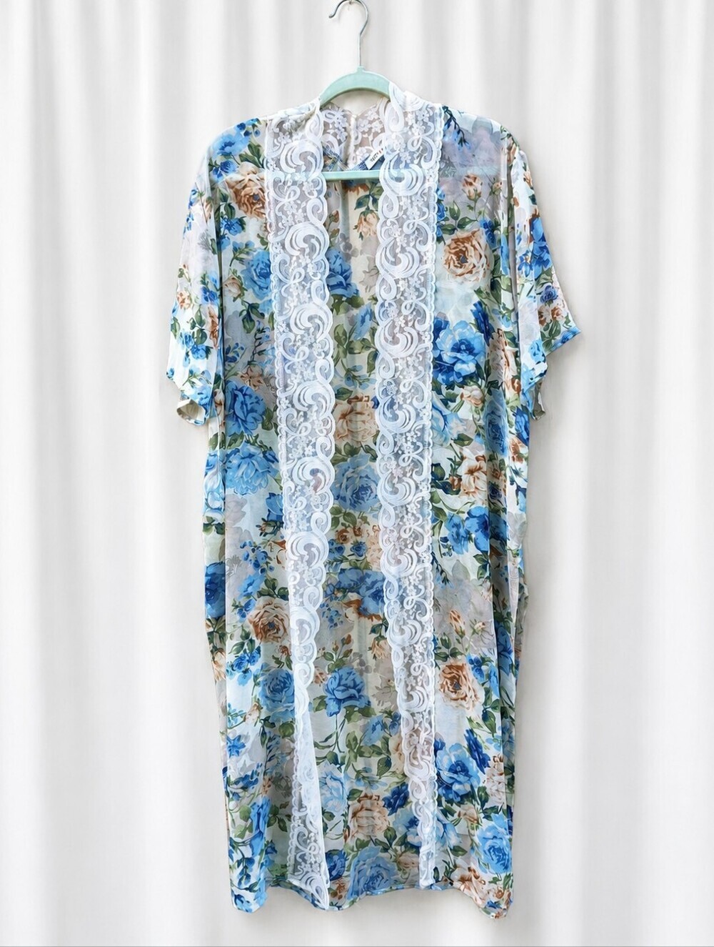 Miley + Molly Floral Lace Trim Kimono Cover-Up Blue Cream Sheer Open Front Boho
